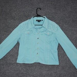 Christine Alexander Womens Denim Jacket Blue Rhinestone Embellished Button Up M